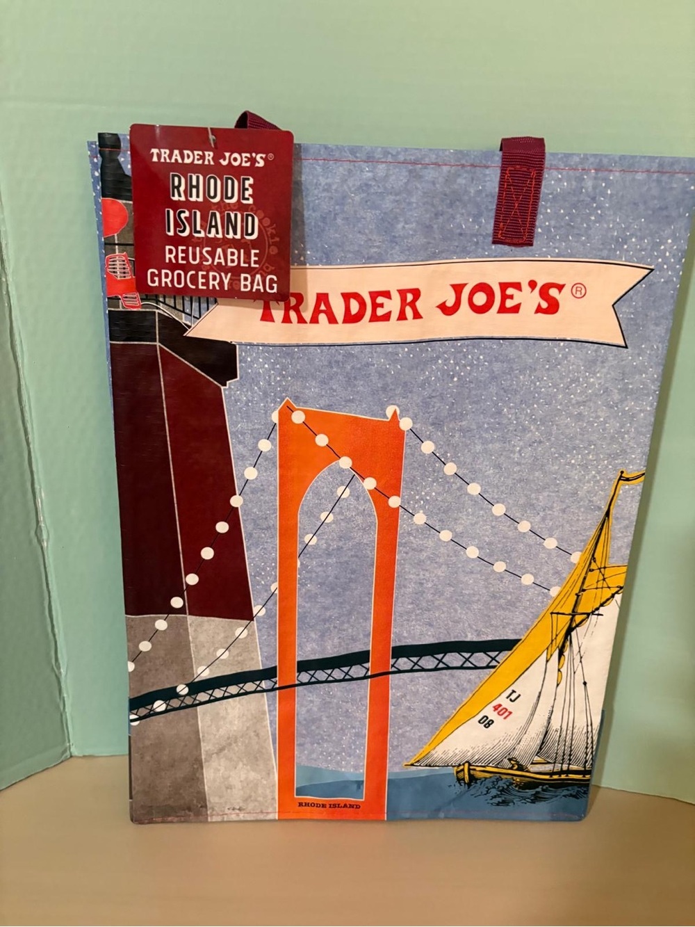 Trader Joe’s Rhode Island Reusable Grocery Bag State Tote NWT Sailboat Bridge
